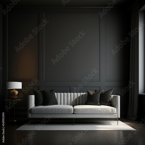 Dark simple interior background, living room with gray sofa, window and black wall, Generative AI