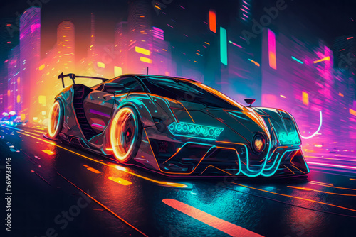 futuristic car driving down a city street at night. Generative AI. © valentyn640
