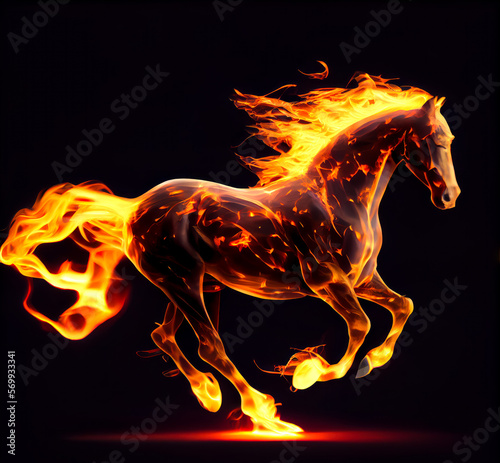 horse that is on fire on a black background. Generative AI. © valentyn640