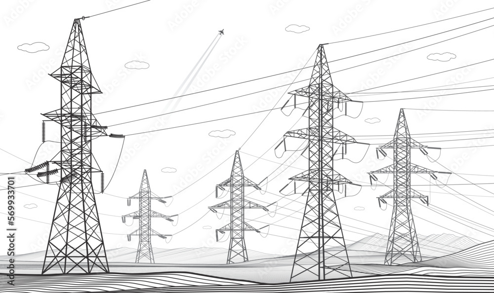 High voltage transmission systems. Electric pole. Power lines. Energy