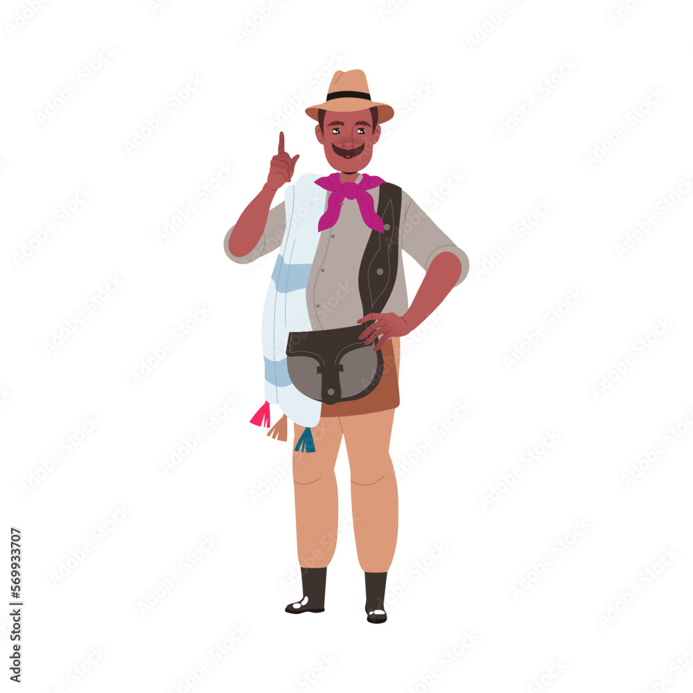 Mustached Man Farmer in Straw Hat with Bag Standing Showing Finger Notice Gesture Vector Illustration