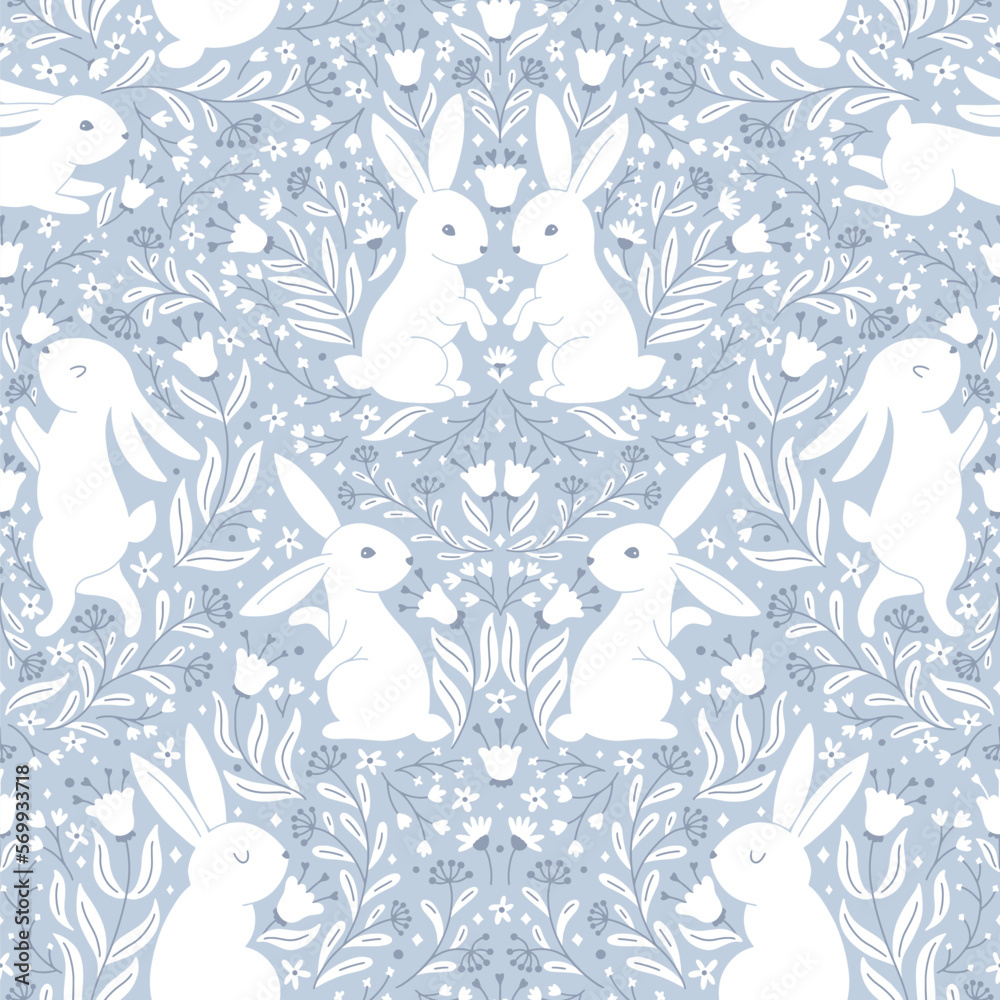 Symmetrical easter vintage seamless pattern with white hares in folk style with fantastic flowers. Cartoon cute animal characters in hand-drawn doodle style. Limited monochrome pastel palette. Vector.