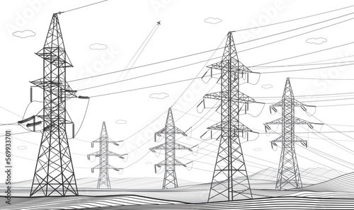 High voltage transmission systems. Electric pole. Power lines. Energy pylons. Black outlines image. A network of interconnected electrical. Vector design illustration