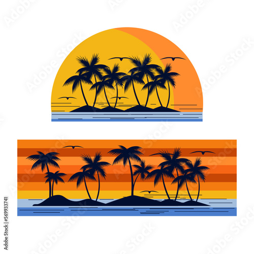 Fototapeta Naklejka Na Ścianę i Meble -  An exotic island. Black silhouette. Orange sunset, Abstract. Vector set.