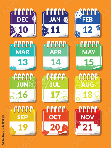 Calendar, twelve months, set. Each month has its own unique pattern and color. You can replace the day and month.