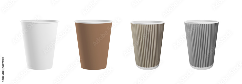 Realistic set of paper coffee cups on white background. Realistic set of paper coffee cups on white background.