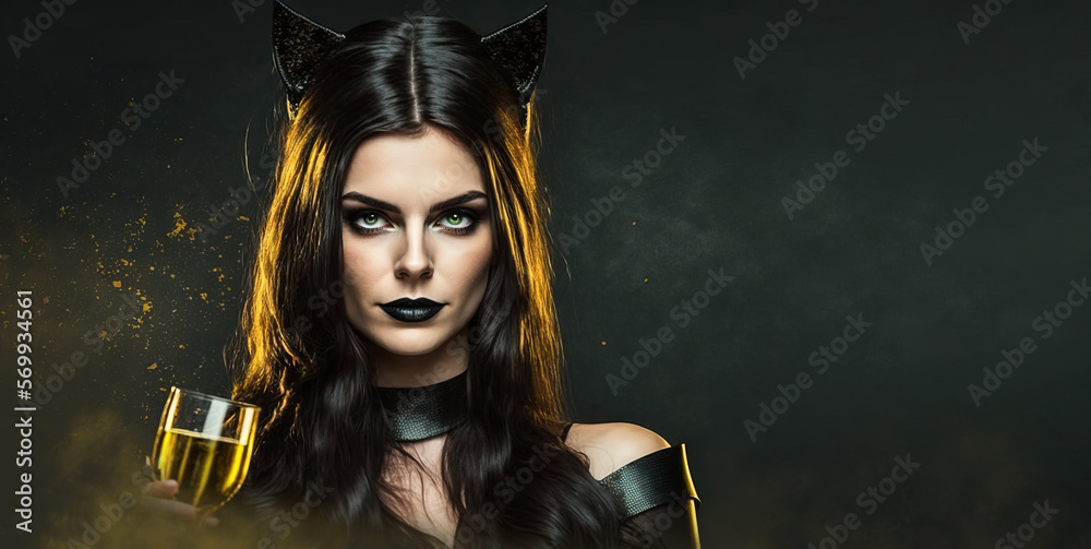 Sexy model woman with glass of champagne, wine wearing black cat ears black lipstick looking sinister at a masquerade makes eye contact. Cosplay, Venetian, vampire party. Mardi Gras Mask AI generative Sexy model woman with glass of champagne, wine wearing black cat ears black lipstick looking sinister at a masquerade makes eye contact. Cosplay, Venetian, vampire party. Mardi Gras Mask AI generative