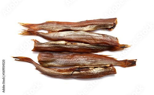 Dried salted fish on a white background.