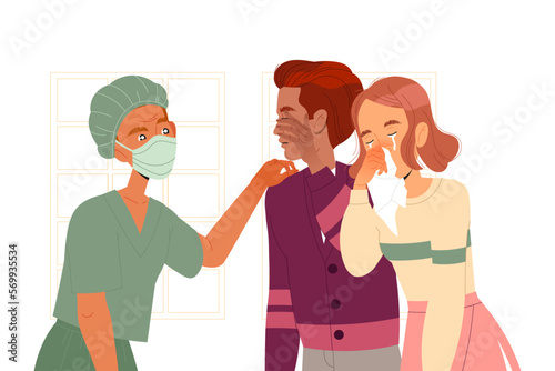 Man and Woman Crying from Sorrow in Hospital Hearing Bad News from Doctor Vector Illustration