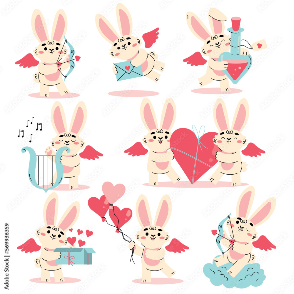 Cute Cupid Bunny with Wings and Heart as Love and Affection Symbol Vector Set Cute Cupid Bunny with Wings and Heart as Love and Affection Symbol Vector Set