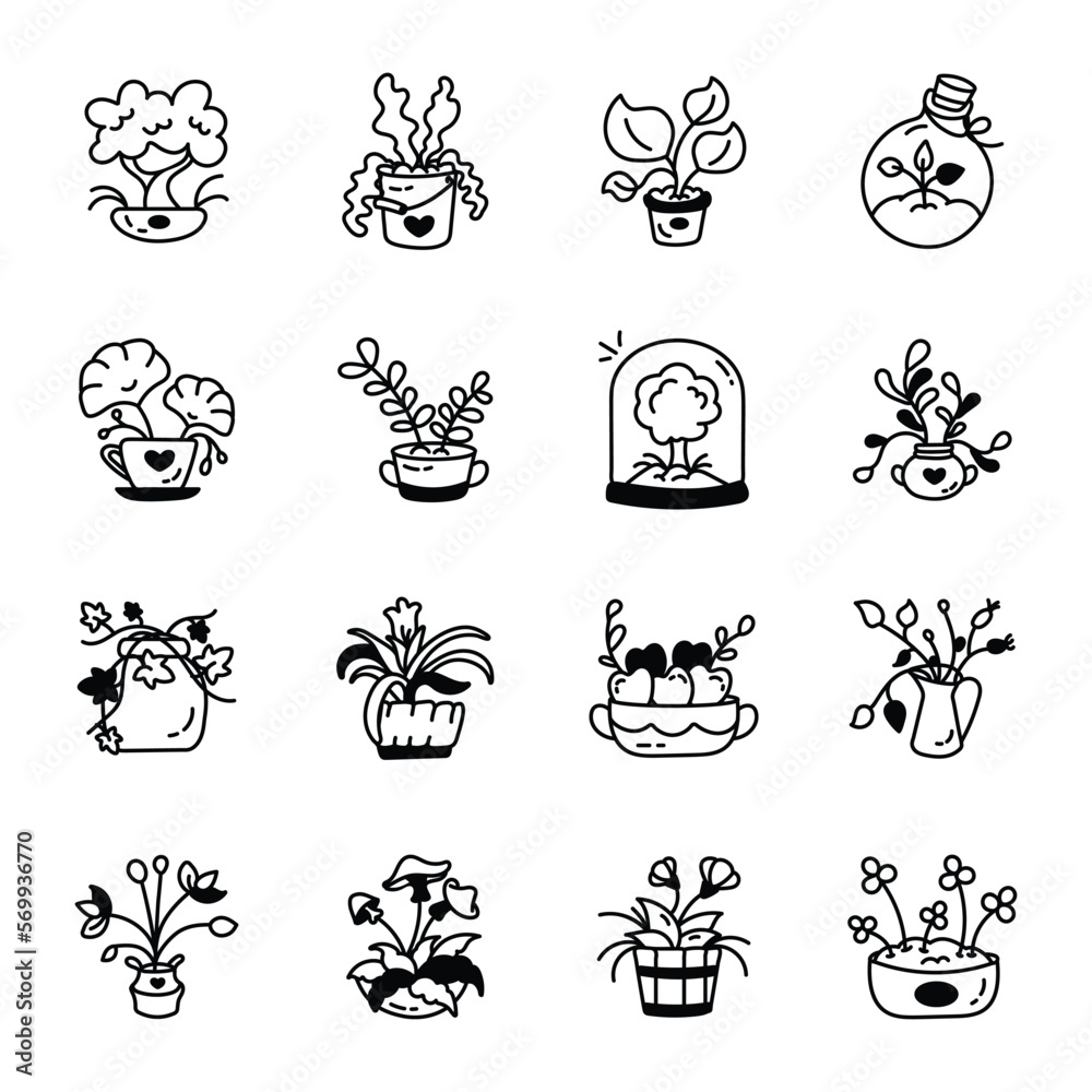 Set of House Pots Hand Drawn Icons 

