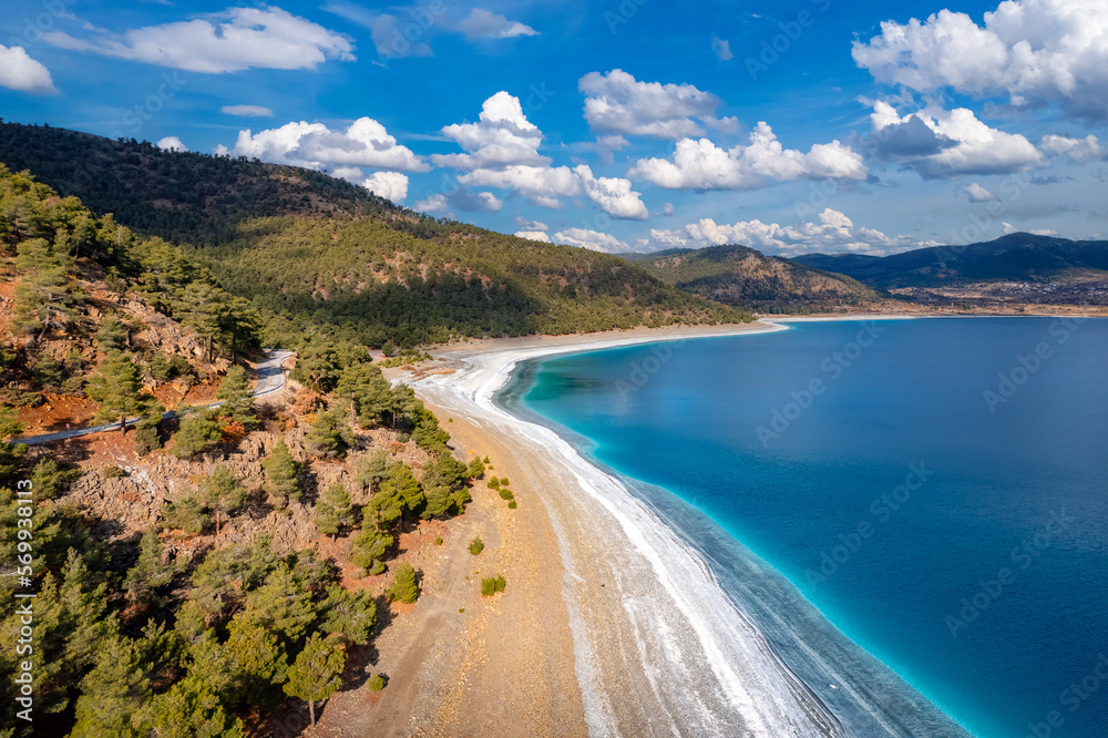 Turquoise water Salda lake Turkey aerial view Turquoise water Salda lake Turkey aerial view