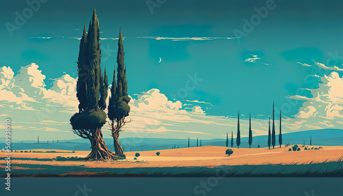 Parsimony landscape, desert land with beautiful trees, sky, clouds and meadow. Generative AI