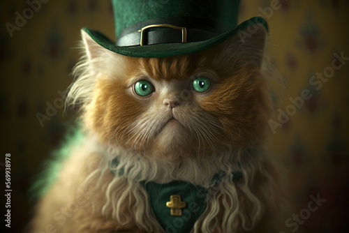 Cat in the guise of an Irish leprechaun, Saint Patrick's Day, created with Generative AI