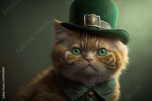 Cat in the guise of an Irish leprechaun, Saint Patrick's Day, created with Generative AI