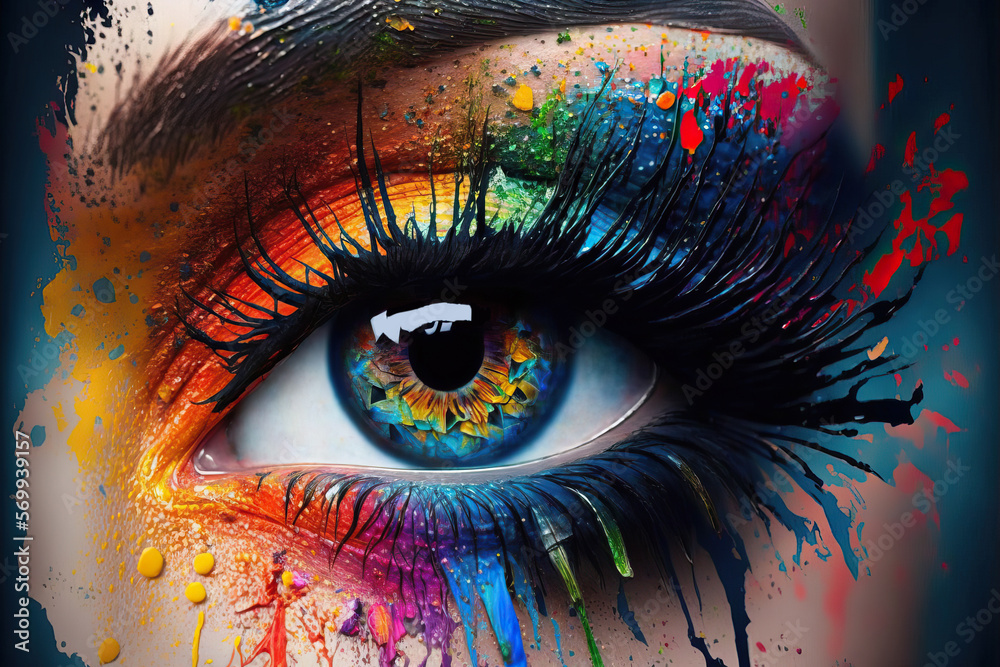 Human eye close up with colorful paint, ink splashes and drips. Generative Ai