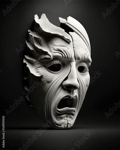 Illustration of the art of the ancient Greek theater, the mask of drama and comedy on a black background. Classical ancient Greek culture photo