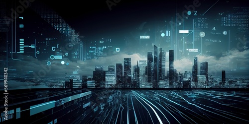 Tech business forward big data, cybersecurity, global reach, networking communications, digital graph 3d render.