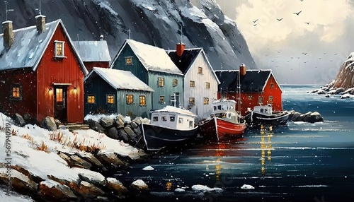 paint like illustration of Europe coastal line village, Generative Ai