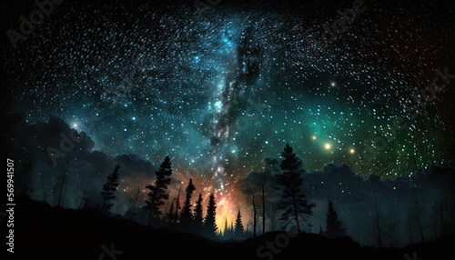 abstract background of starry night sky with silhouette forest shadow, Generative Ai © QuietWord
