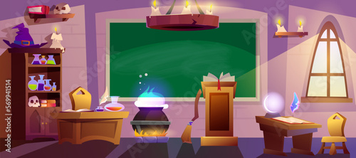 Cartoon magic school classroom with chalkboard, cauldron, witch hat and wooden desks for pupils. Empty wizard room with spell book, broom, window, glowing candles and green blackboard.