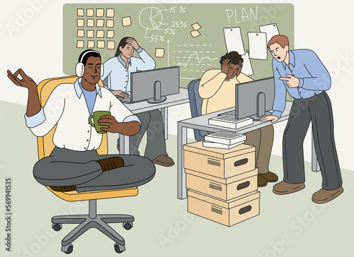 Flat angry boss standing over tired employees and yelling at workers. Tired characters feeling stress at work, man meditating in lotus pose and keep calm. Leader or colleague pressure office people.