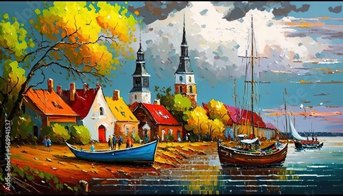 paint like illustration of Europe coastal line village, Generative Ai