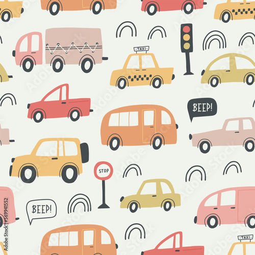 Seamless childish pattern with hand drawn cartoon cars. Creative kids texture for fabric  wrapping  textile  wallpaper  apparel. Vector illustration