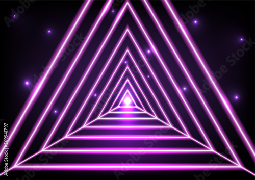 Abstract Technology Background Purple Glowing Triangle Tunnel Perspectives and roads with light trails at the end of the lights illuminate the gradient background.