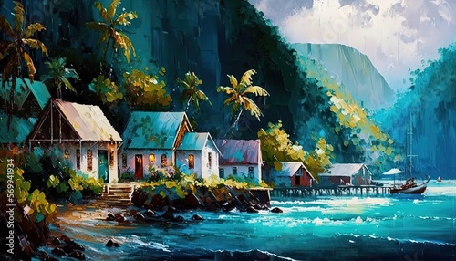 paint like illustration of beautiful tropical seascape village with house and tree nature landscape, Generative Ai