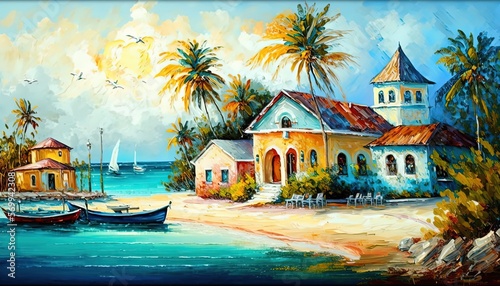 paint like illustration of  beautiful tropical seascape village with house in village and palm tree, Generative Ai © QuietWord