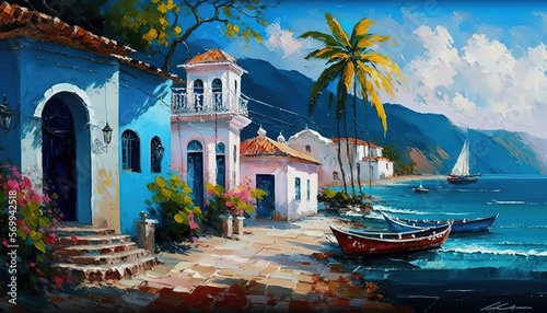 paint like illustration of beautiful tropical seascape village with house in village and palm tree, Generative Ai