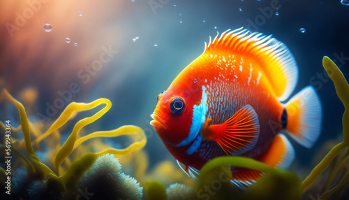 Beautiful Colorful Flame Angel  Fish swimming in colorful coral reef in crystal clear waters. Generative AI photo