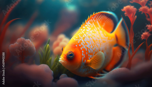 Beautiful Colorful Flame Angel  Fish swimming in colorful coral reef in crystal clear waters. Generative AI photo