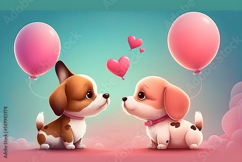 Illustration of a cute couple of dogs in love, valentines day concept. Generative AI.