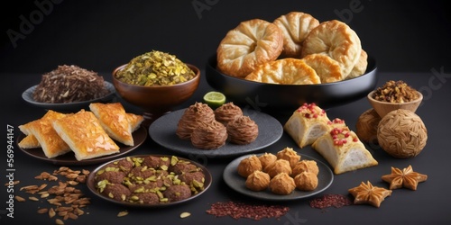 Delicious Dried Fruits, Nuts, Dates, and Baklava on Black Background