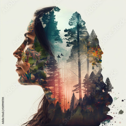 AI double exposure of native American female and colorful mystic forest with tall trees in sunset in autumn against white background photo