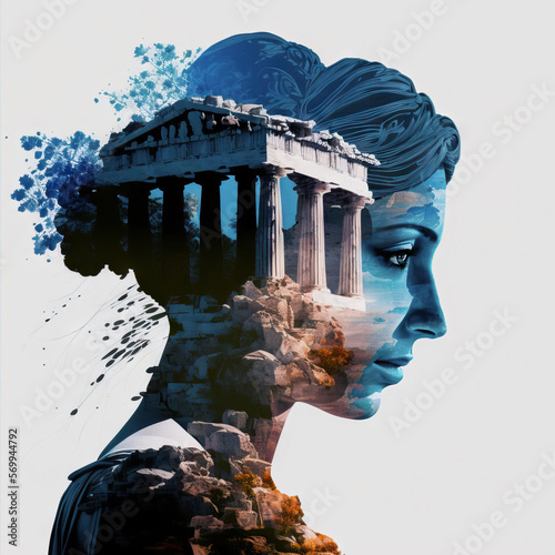 Generative AI illustration of sculpture of woman and Greek ruins photo