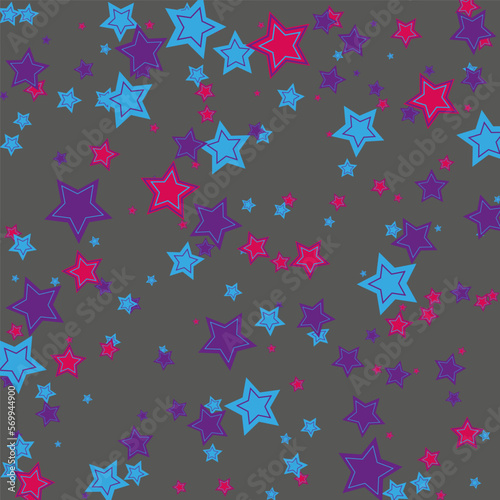 Gray vector background, with stars in blue and lilac, pink colors. Vector confetti background pattern