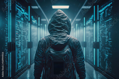 AI image of hacker standing among illuminated servers photo