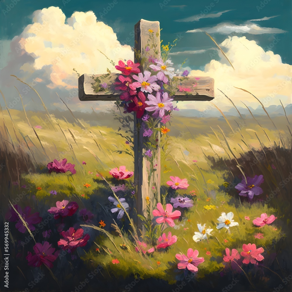 A jesus cross that with of colorful flowers with blue sky and clouds