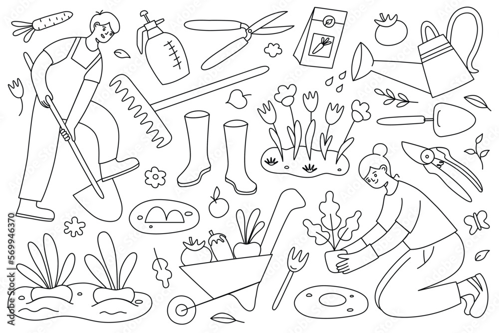 Obraz premium Man and woman working in garden. Hand drawn gardening and farming scene, cartoon people planting, digging, garden tools collection, doodle icons of garden beds, rake, watering can, vector illustration