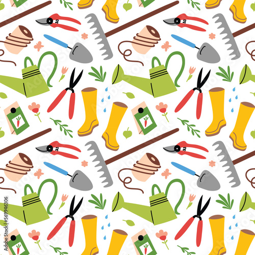 Gardening tools icons, hand drawn seamless pattern of farming equipment, doodle colored ornament of rake, watering can, pruning shears, vector illustrations of colored garden icons on white background