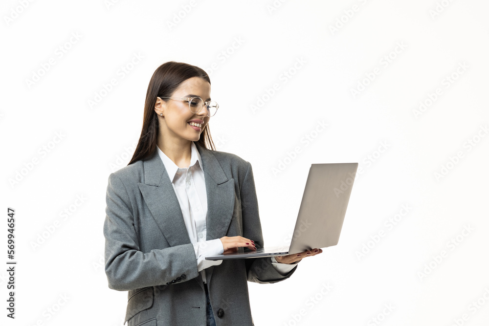 Business, finance and employment, female successful entrepreneurs concept. Confident businesswoman, office worker using laptop, help clients Business, finance and employment, female successful entrepreneurs concept. Confident businesswoman, office worker using laptop, help clients