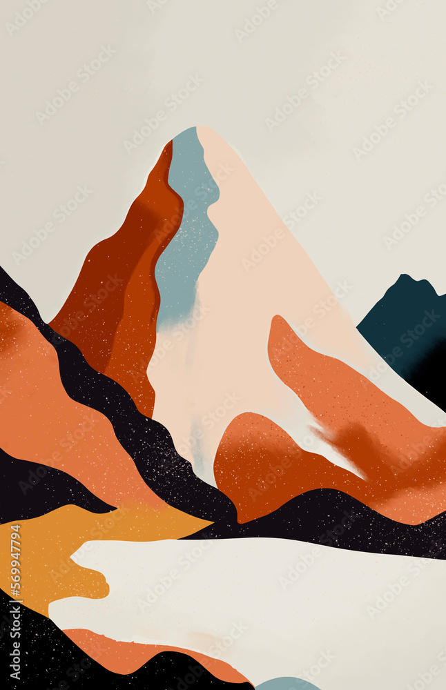 A minimal retro travel poster of a large mountain and landscape