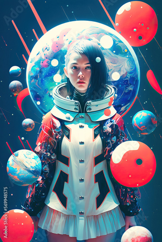 Spacegirl Mädchen im Weltall Surreale Grafik Pop Zine Kulture Digital Art Generative AI Hintergrund Background Cover Illustration Magazin photo