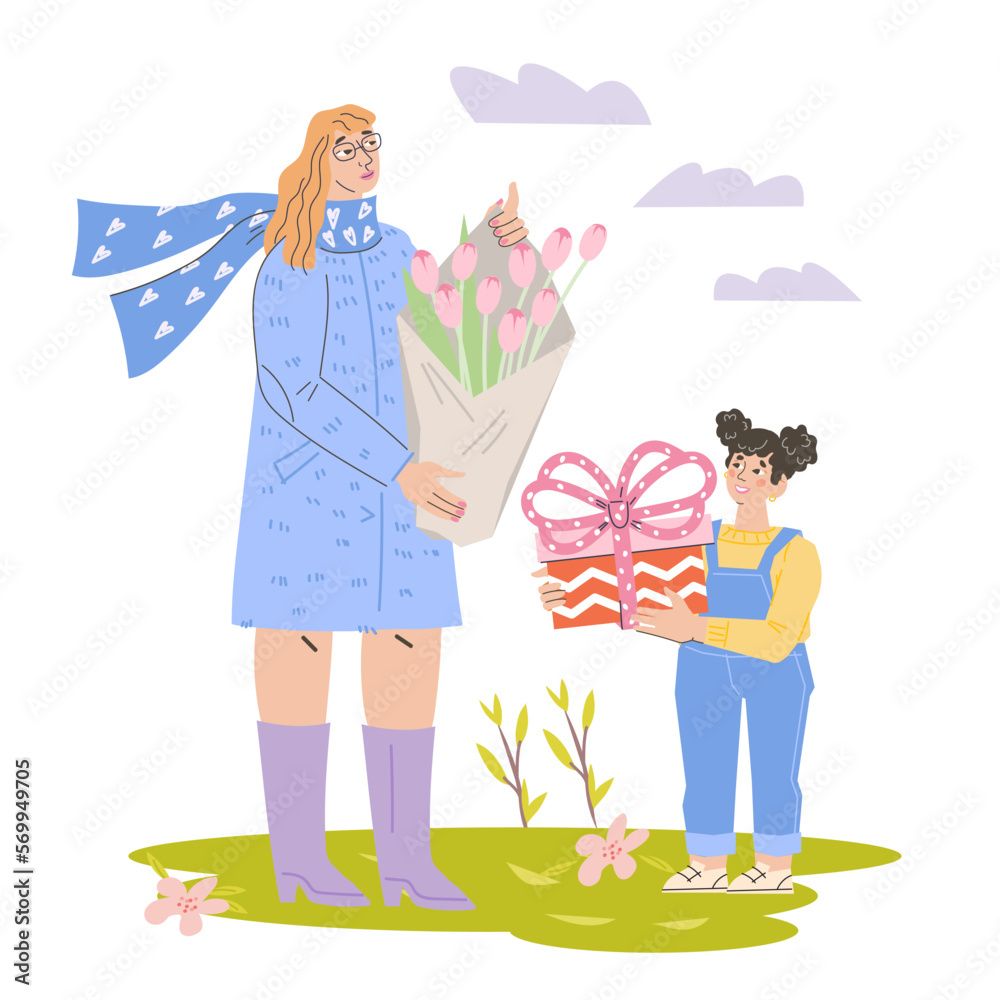 Woman receives flowers and gift from a child, a flat vector illustration on a white background. Mother's Day, Valentine's Day, Women's Day 8 March. Young girl presents a gift to her mother. Woman receives flowers and gift from a child, a flat vector illustration on a white background. Mother's Day, Valentine's Day, Women's Day 8 March. Young girl presents a gift to her mother.