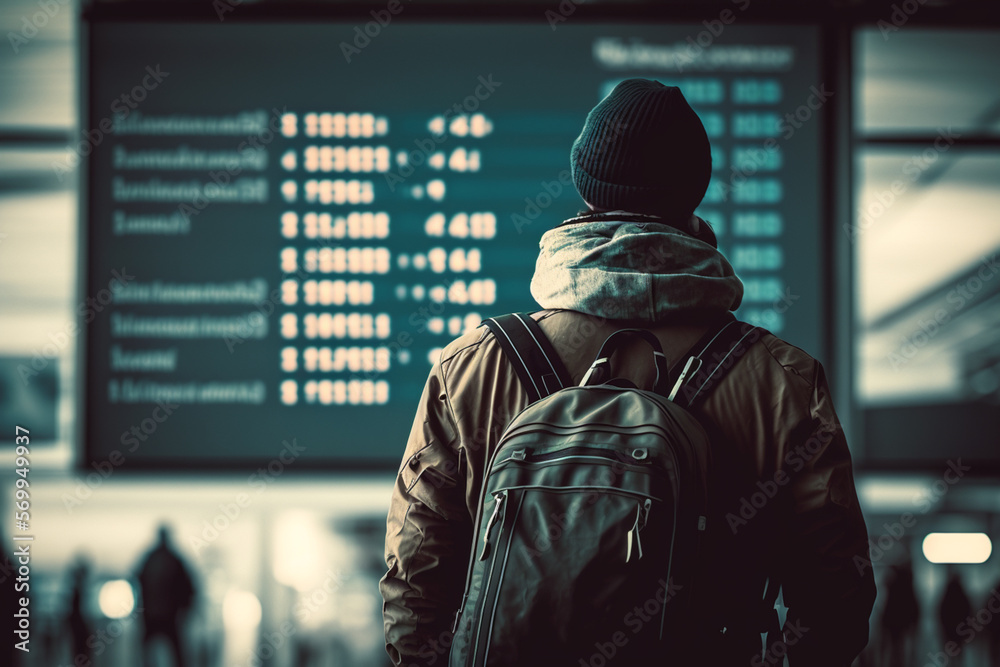 back view man at the airport in fron of the flight information, generative ai back view man at the airport in fron of the flight information, generative ai
