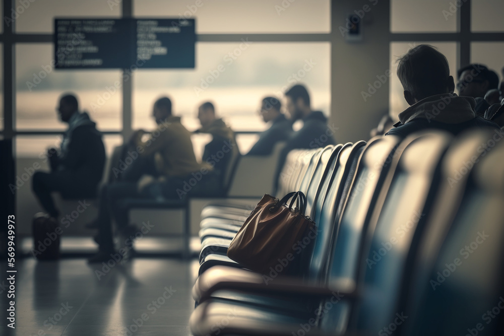 Airport waiting room background, customers sitting witing, generative ...