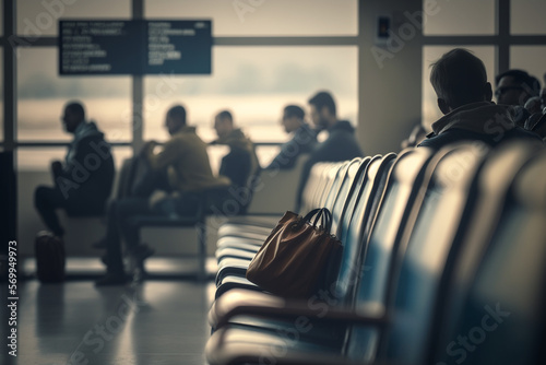 Airport waiting room background, customers sitting witing, generative ai